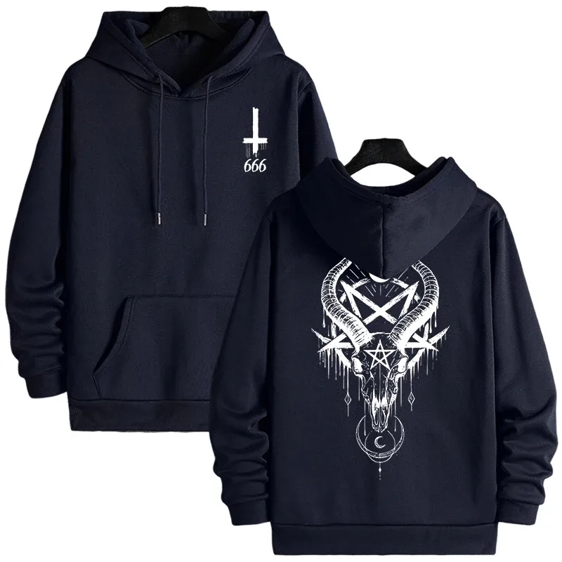 Musim Gugur Musim Sejuk Lelaki Topi Pullover Kasual 666 & Salib Terbalik Hoodies Gothic Lelaki Bercetak Seram Setan Baju Jalanan — image 8