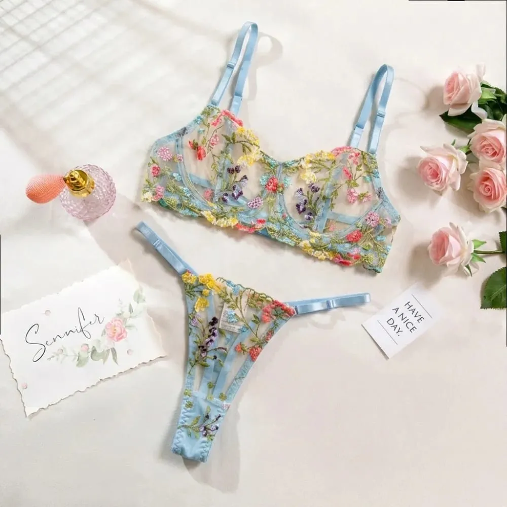 2-Piece Floral Lingerie Set Sheer Versatile Underwear Intimates Embroidery Underwire Push-up Bra Panty Set For Lady Girl
