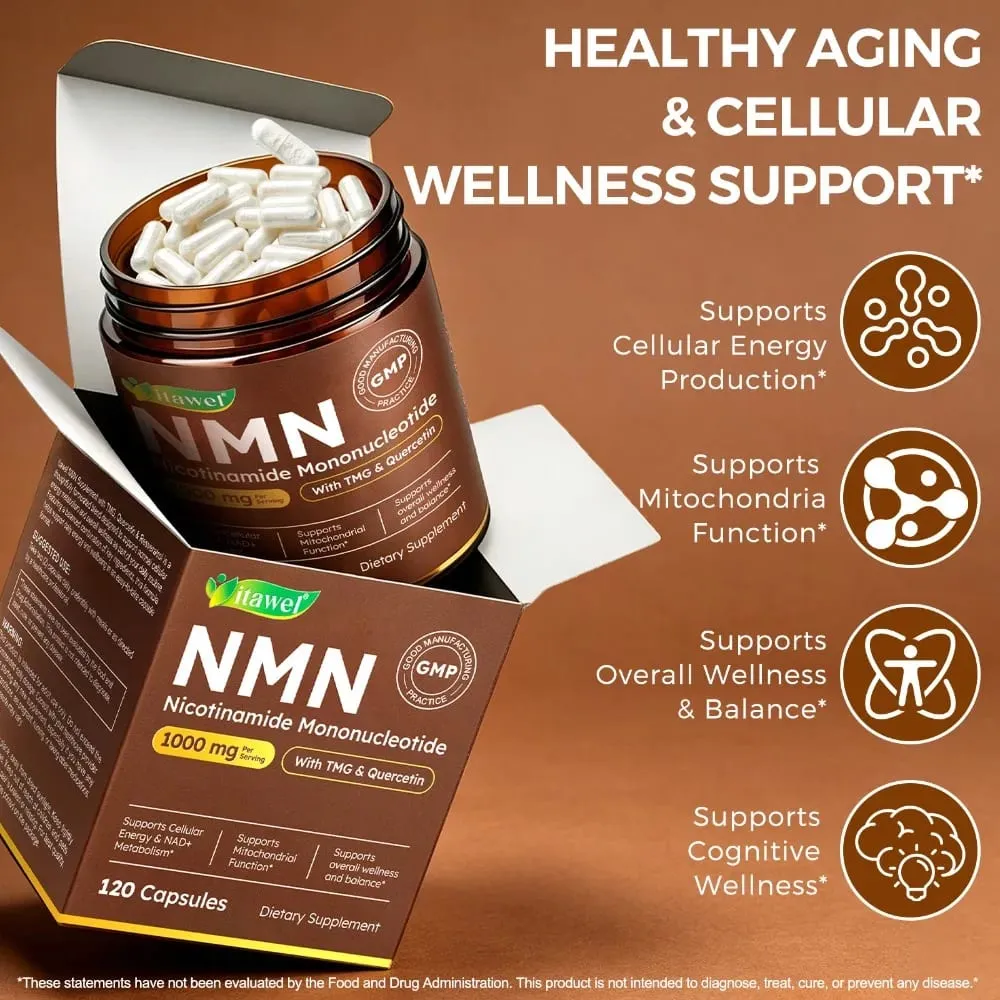 NMN Capsules 1000mg Beta Nicotinamide Mononucleotide TMG Quercetin Resveratrol NAD+ מטבוליזם מיטוכונדריאלי תפקוד 120 ספירה