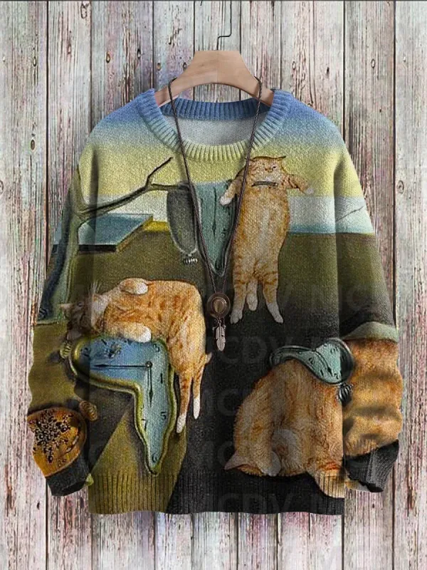 Niedlicher schwarzer Katzen-Blumen-Vögel-Kunstmuster-Druck, lässiger Strickpullover, klassischer Pullover für Herren und Damen
