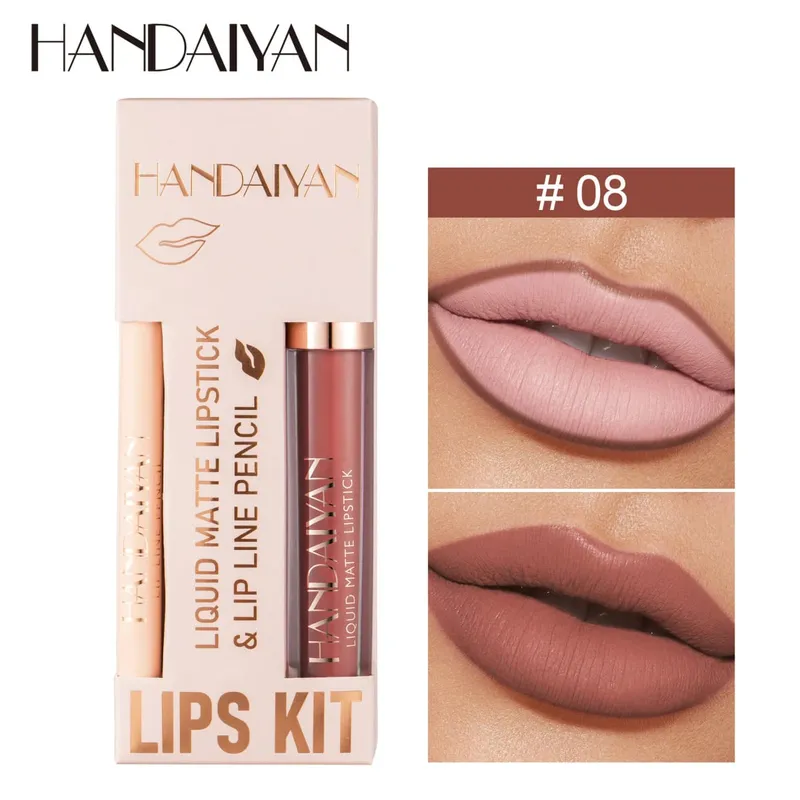 Pambabaeng 2-in-1 Lipstick Set na may Lip Liner Waterproof Long-lasting Korean Makeup Matte Finish Cosmetics Kit Libreng Pagpapadala