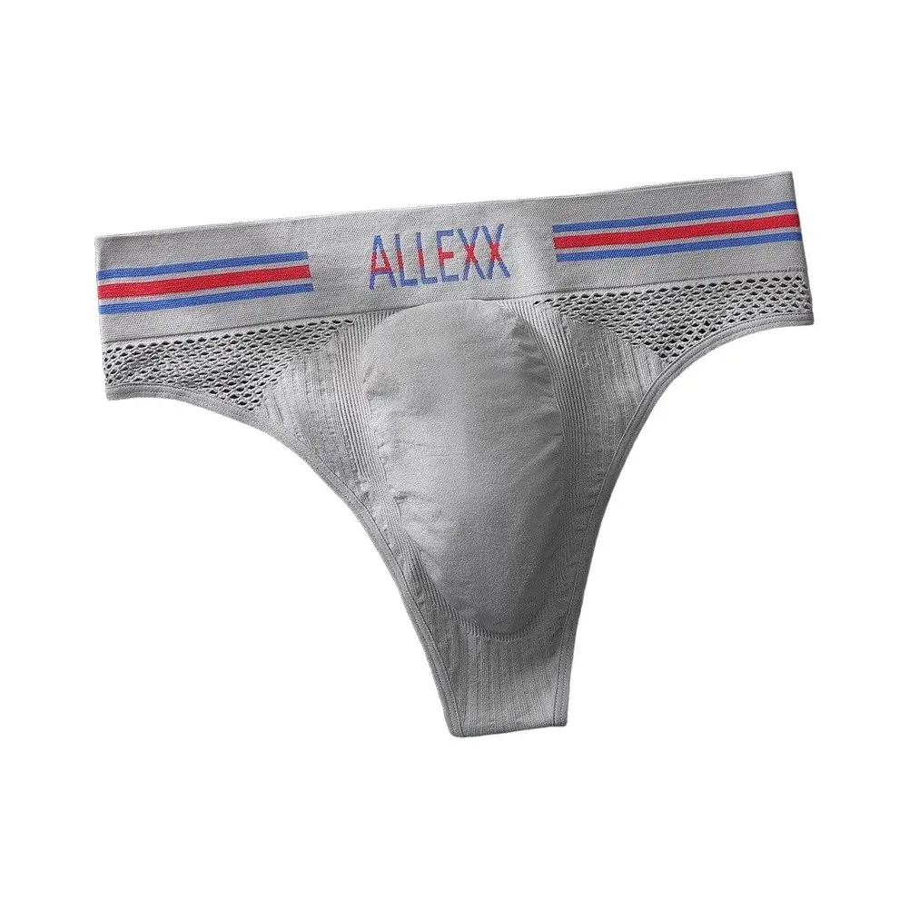 1pc Men's G-String Underwear 3D Bulge Pouch Striped Letter Printing Briefs Elastic Mesh Breathable Comfortable Thongs
