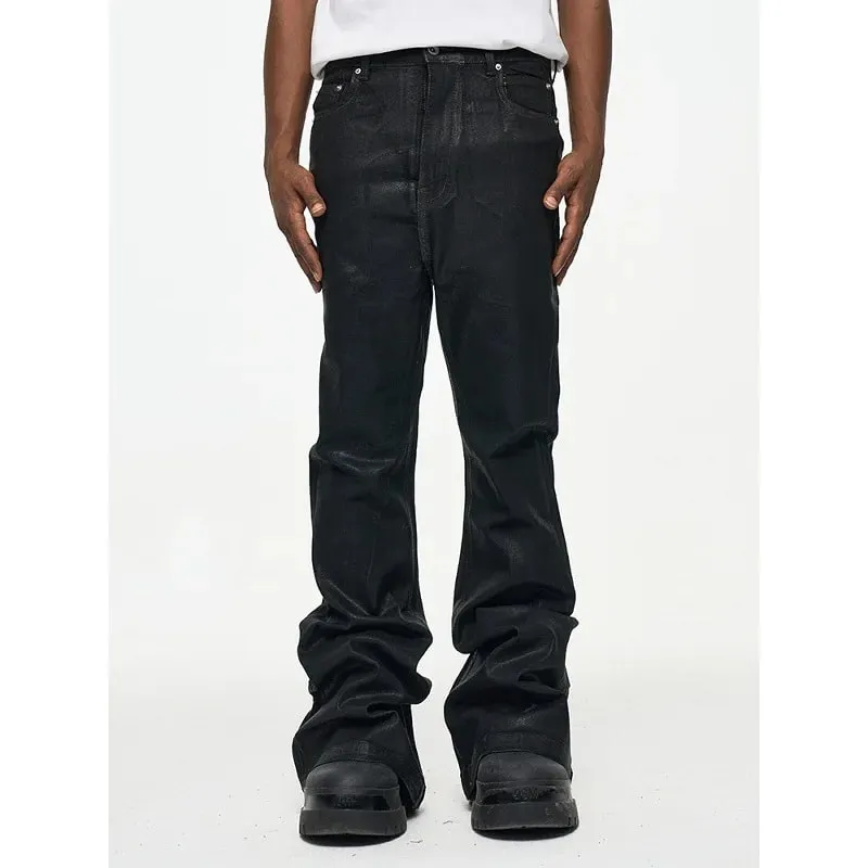 2026 High Street Coated Brushed Micro-flared Floor-length Jeans for Men Retro Street Wear Loose Micro-elastic Waxed Pants — image 4