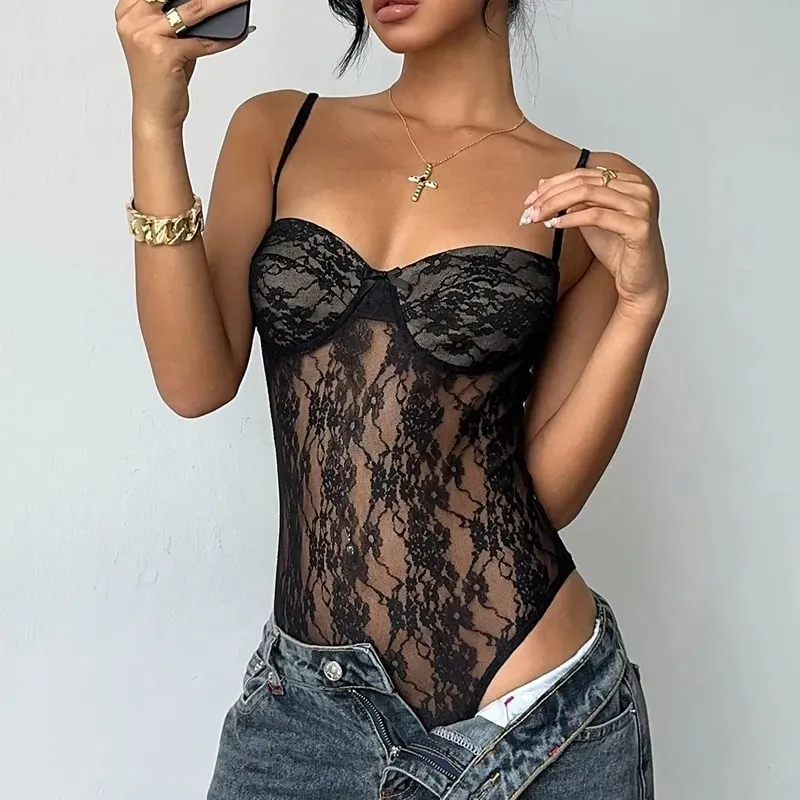 Y2k női fekete csipke body nyári áttetsző spagetti pántos masni részlet Slim Fit party utcai ruházat Szexi body felsők — image 3