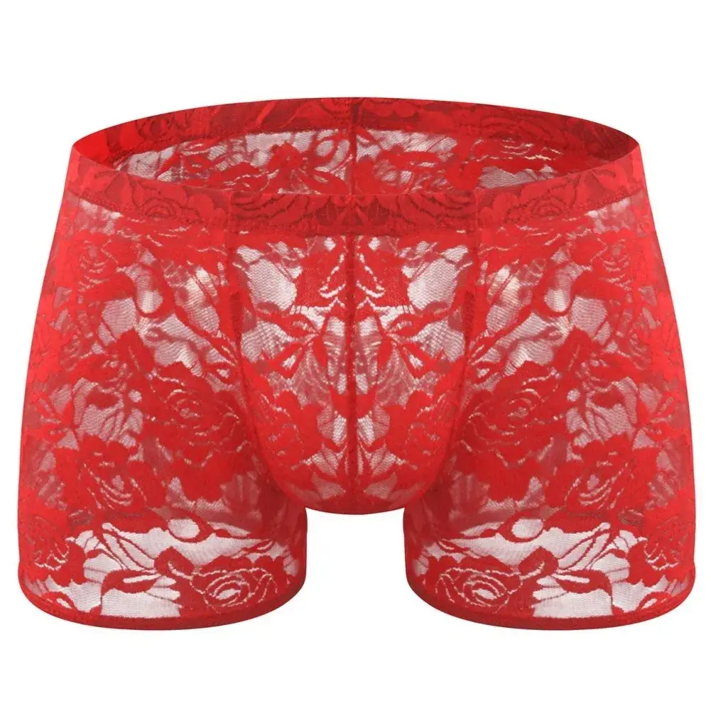 Men See Through Lace Boxer Shorts Bulge Pouch Low Waist Underwear Solid Panties Elastic Waist Breathable Transparent Underwear — image 3