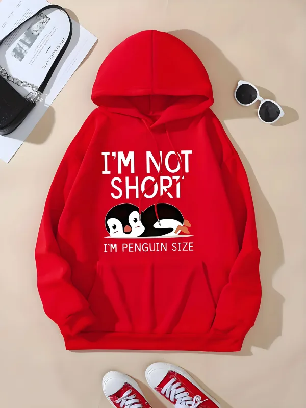 Sweatshirt mit Kapuze und süßem Print 'I' m Not Short I 'm a Penguin' Casual Hip-Hop Style Unisex Size of a Penguin Graphic Sweatshirt — image 2
