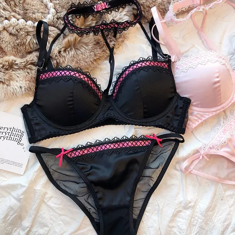 לוליטה צרפתי Pure Desire סקסית תחרה סאטן ספייס גירל חזיית חזה קטן התכנסות הלטר תחתונים חלולים סט תחתונים רכים