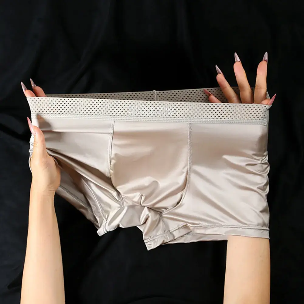 1pc Mga Lalaking Satin-like Ice Silk Boxer Makinis na Panty Hollow Out Waistband Panloob na Nakahinga Solid na Kulay na Kasuotang Panloob Trunk