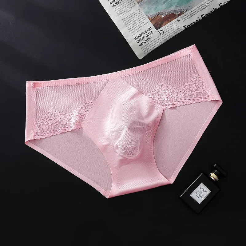 Men Briefs Summer Ultra-Thin Ice Silk Panties 3D Stamping Silk Splicing Lace See Through Underwear Seamless Sissy Underpants
