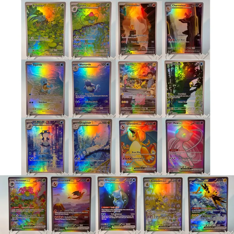 כרטיסי פוקימון 151 PKM PTCG3-D Bulbasaur Squirt Rainbow Gengar לשעבר Holographic Ex GX Rare Collection מתנות צעצועי קרב לתחביבים