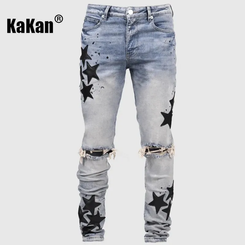 Kakan – új férfi kék, karcsúsított patch farmer Y2k nyomtatott design hosszú farmer farmer férfi márka — image 5