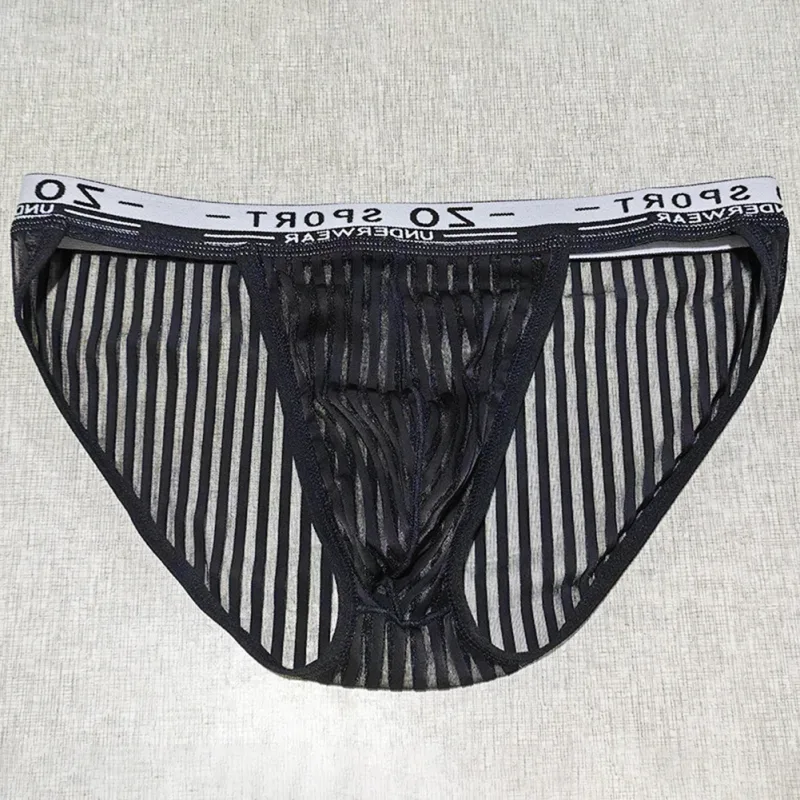 Striped Men's High Slit Sexy Pouch Underwear Ice Silk See Through Comfortable Male Triangle Briefs Man Underclothes