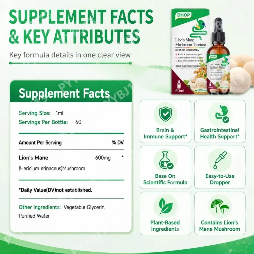 Lion's Mane Mushroom Extract Drops 60ml Hericium Erinaceus Supports Brain Immune Health Vegan Liquid Συμπλήρωμα για Ενήλικες