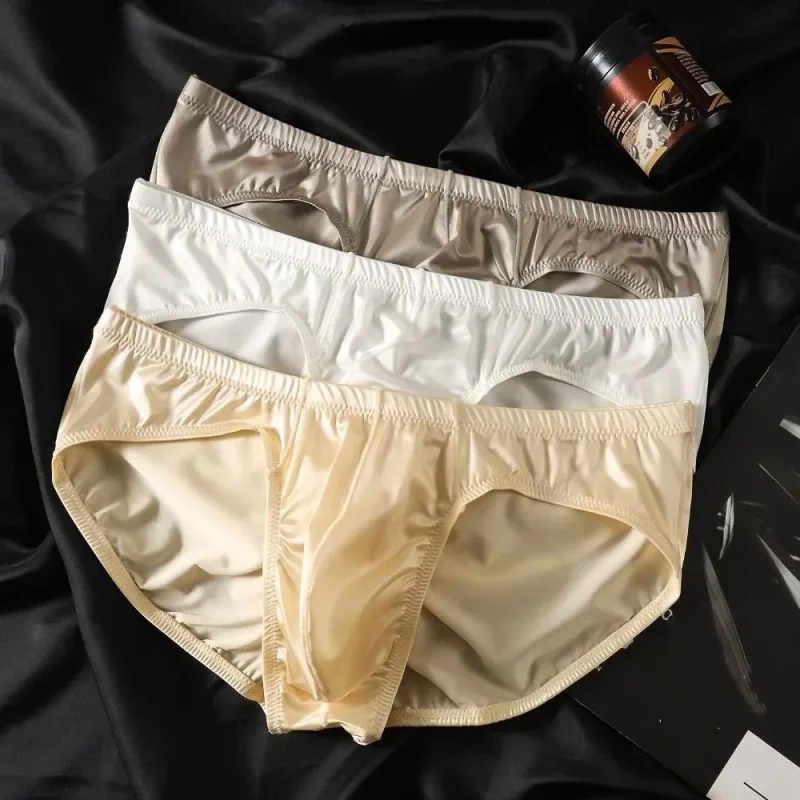 Breathable Low Waist Male Underwear Ice Silk Bulge Pouch Satin Silk Briefs Glossy Shiny Lingerie Men's Triangle Panties Sports