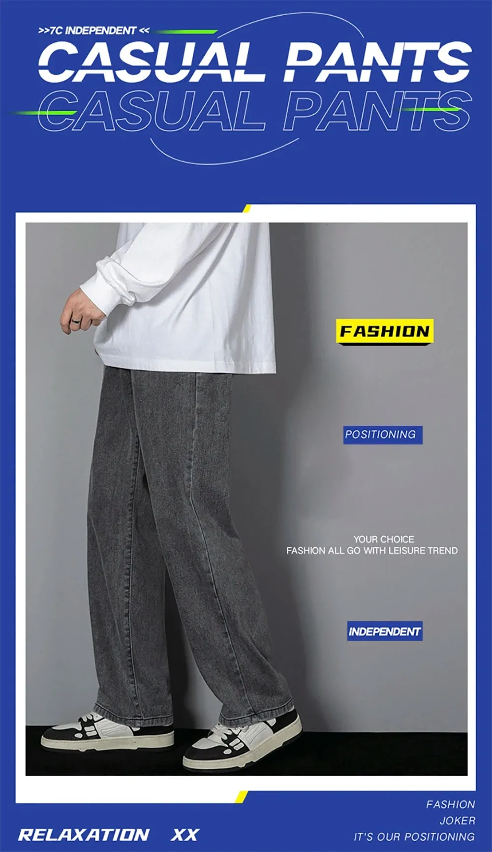 Koreai szolid színű férfi alkalmi hosszú farmernadrág klasszikus férfi Four Seasons egyenes farmer széles szárú nadrág világoskék szürke fekete 3XL