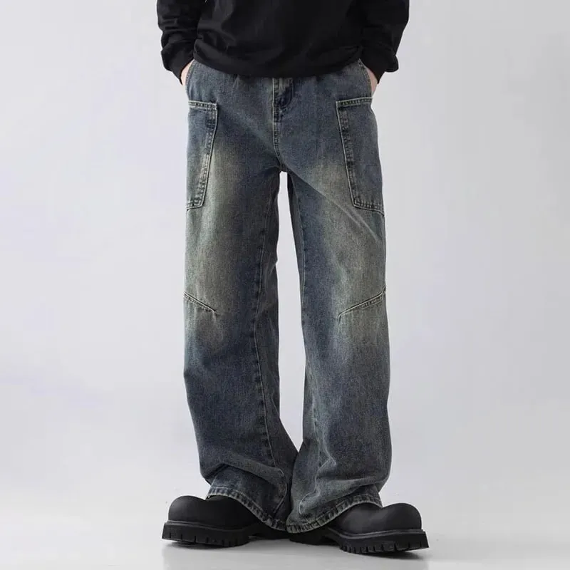 Korean Style Large Pocket Workwear Jeans Retro Blue Men'S Baggy Jeans Straight Leg Pants Casual Wide Leg Pants Casual Pants