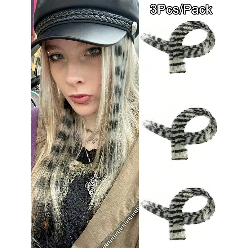 3 יחידות תוספות שיער בהדפס נמר פס סינטטי מודפס חתיכת שיער צבעוני ארוך ישר קליפס בשיער לנשים מסיבת בנות