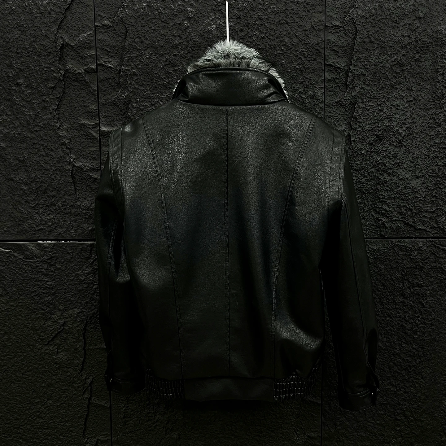 Techwear Style Detachable Faux Fur Collar Leather Jackets Man Winter Warmer Motorcycle Vintage Punk Leather Coat — image 3