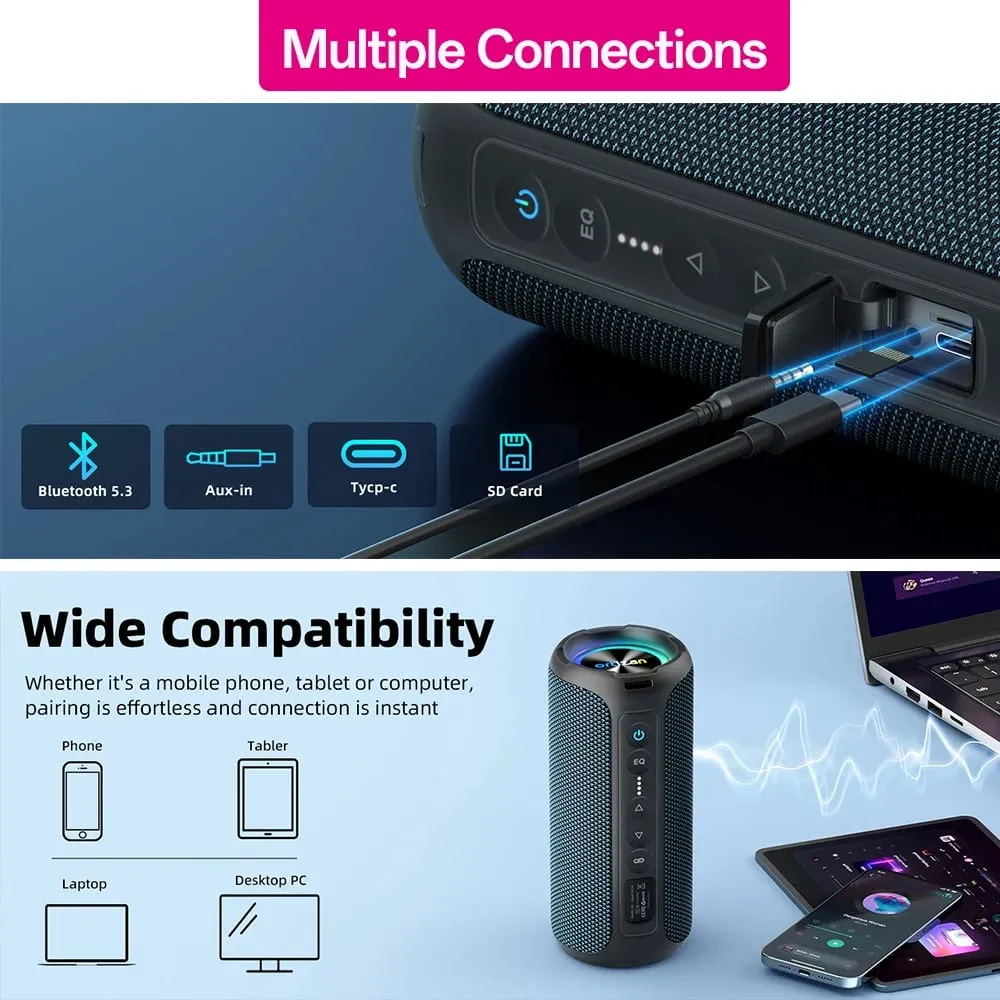 Ortizan Bluetooth Speaker 40W TWS רמקול נייד עם סטריאו סאונד בס Bluetooth 5.3 Wireless USB Type C חיצוני 6600mAh סוללה