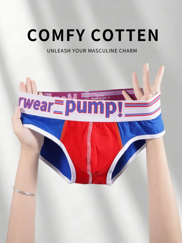 Men's Cotton Color Block Briefs, Pump! Logo Wide Waistband Low Rise Sexy 3D Convex Pouch Underwear — image 2