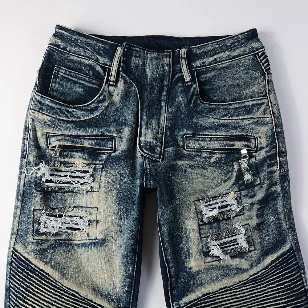 Férfi motoros farmernadrág motoros lyukakhoz Szakadt Distressed Patch Nadrág Stretch Farmer Pamut Vékony Egyenes nadrág Kiváló Minőség