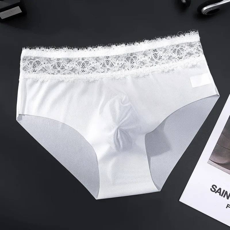 Pantaloni a triangolo da uomo in seta ghiacciata con bordo in pizzo, biancheria intima da uomo sottile traspirante senza tracce, slip maschili morbidi e confortevoli a vita bassa — image 18