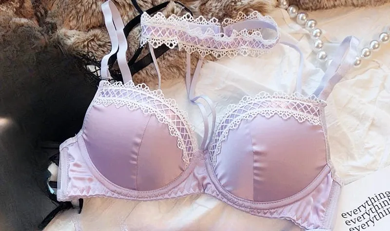 לוליטה צרפתי Pure Desire סקסית תחרה סאטן ספייס גירל חזיית חזה קטן התכנסות הלטר תחתונים חלולים סט תחתונים רכים