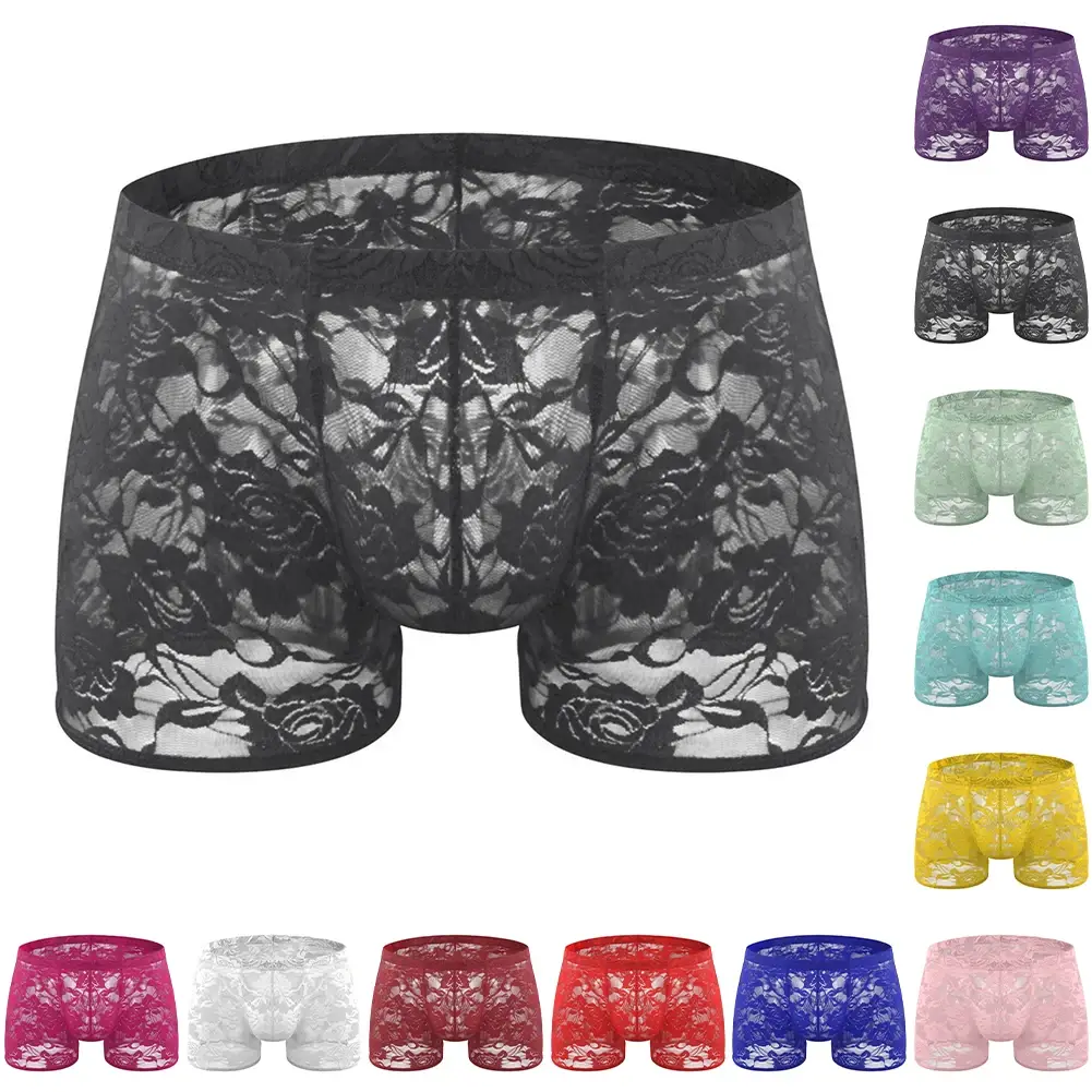 Men See Through Lace Boxer Shorts Bulge Pouch Low Waist Underwear Solid Panties Elastic Waist Breathable Transparent Underwear — image 13
