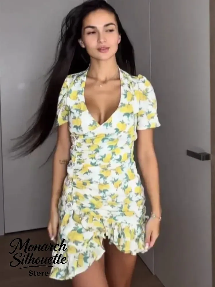 Chic Ruffle Print Slim Short Dress Women Chic Patchwork Flared sleeves V-neck Pleated Dresses 2026 Lady Summer Casual Vestidos — image 6