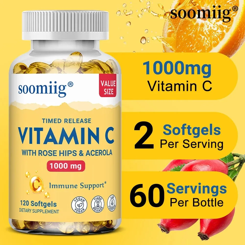 Vitamin C W/Rose Hips & Acerola | 1000mg | Two-Stage Timed-Release Healthy Immune Function Skin Hair & Nails Support | Non-GMO