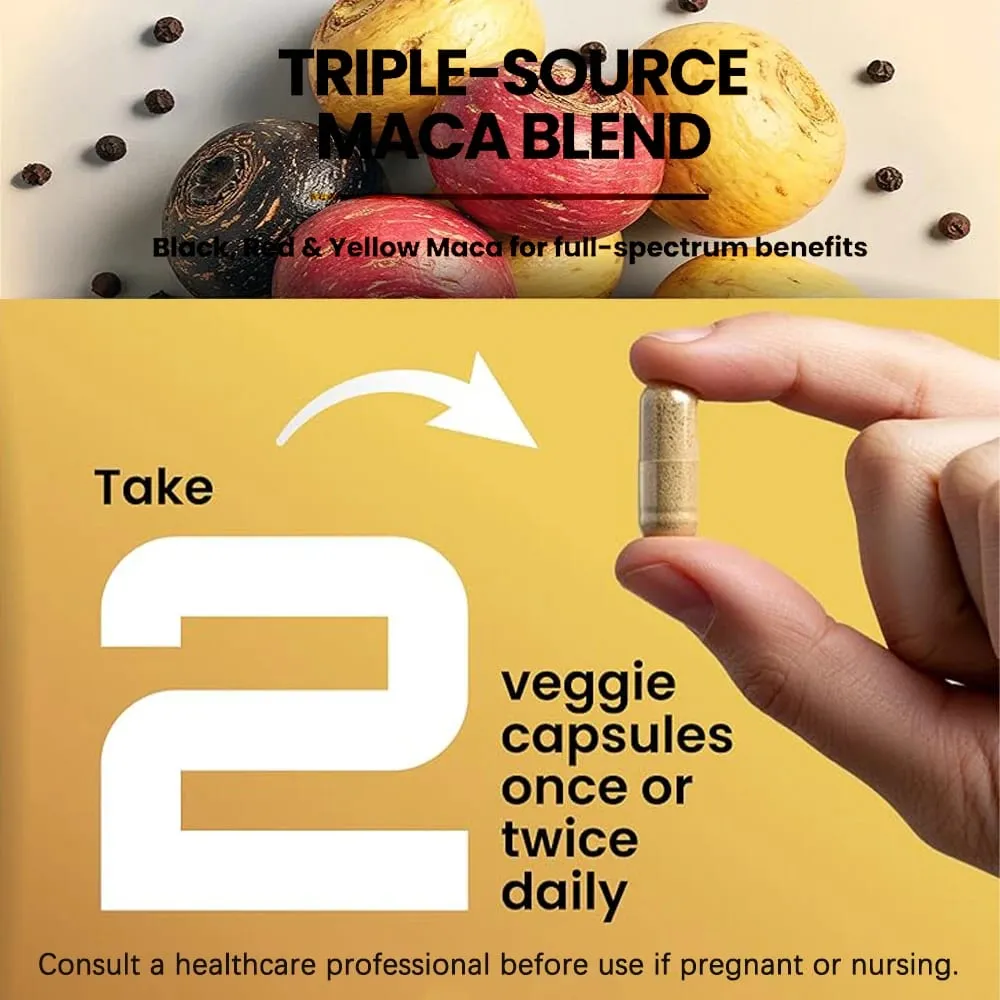 Βιολογικές κάψουλες Maca Root Powder 1500mg με Μαύρο+Κόκκινο+Κίτρινο Περουβιανό συμπλήρωμα ρίζας Maca για άνδρες και γυναίκες - Vegan χάπια — image 5