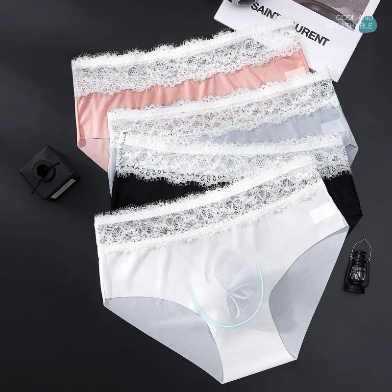 Pantaloni a triangolo da uomo in seta ghiacciata con bordo in pizzo, biancheria intima da uomo sottile traspirante senza tracce, slip maschili morbidi e confortevoli a vita bassa — image 2