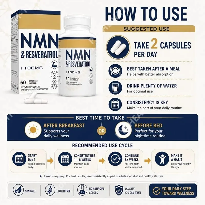 NMN & Resveratrol Capsules Antioxidant Complex Supplement with Black Pepper Extract 1100mg 60 Capsules