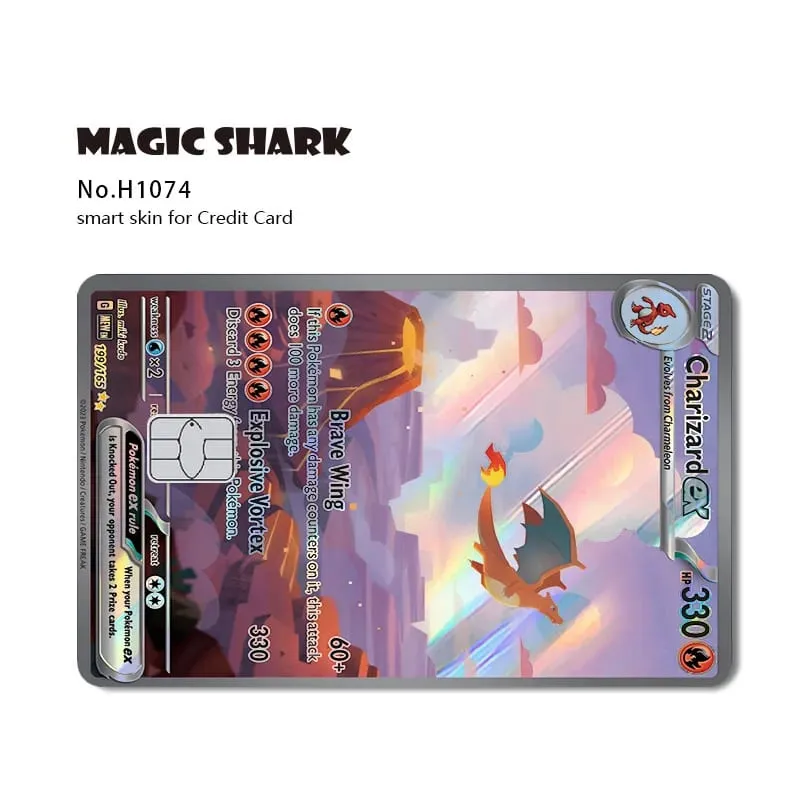 Magic Shark Mew Charizard EX Eevee Gengar Pikachu TCG Αυτοκόλλητο με ολογραφικό δέρμα λέιζερ για τραπεζική πιστωτική κάρτα