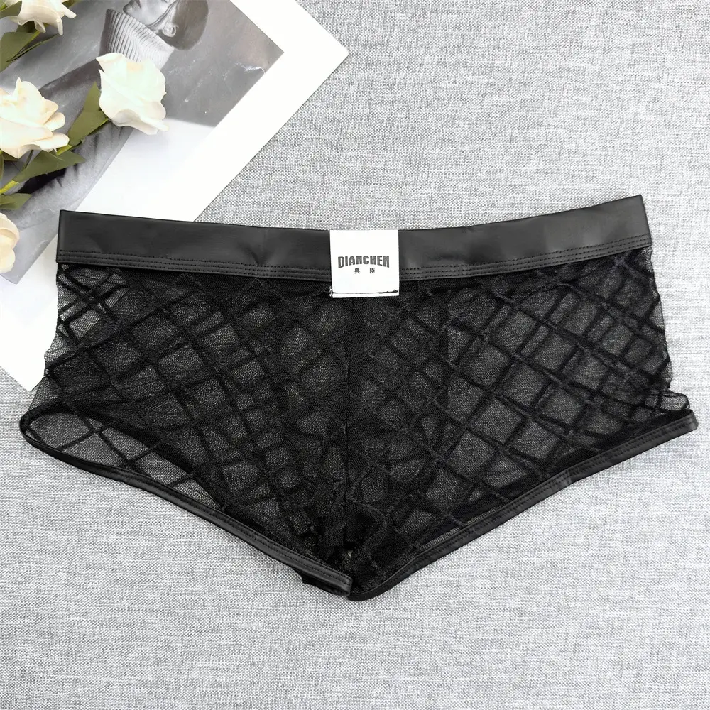 남성 섹시한 다이아몬드 메쉬 울트라 얇은 투명 복서 반바지 여름 빠른 건조 Boyshorts 벌지 주머니 남자 속옷 — image 2