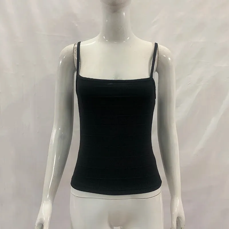 נשים קיץ צבע אחיד תחבושת קמיצה Slim Fit צווארון מרובע רצועת ספגטי רצועת קמי סריג צלעות — image 5