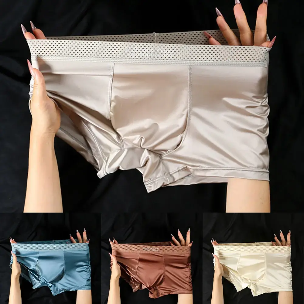 1pc Mga Lalaking Satin-like Ice Silk Boxer Makinis na Panty Hollow Out Waistband Panloob na Nakahinga Solid na Kulay na Kasuotang Panloob Trunk