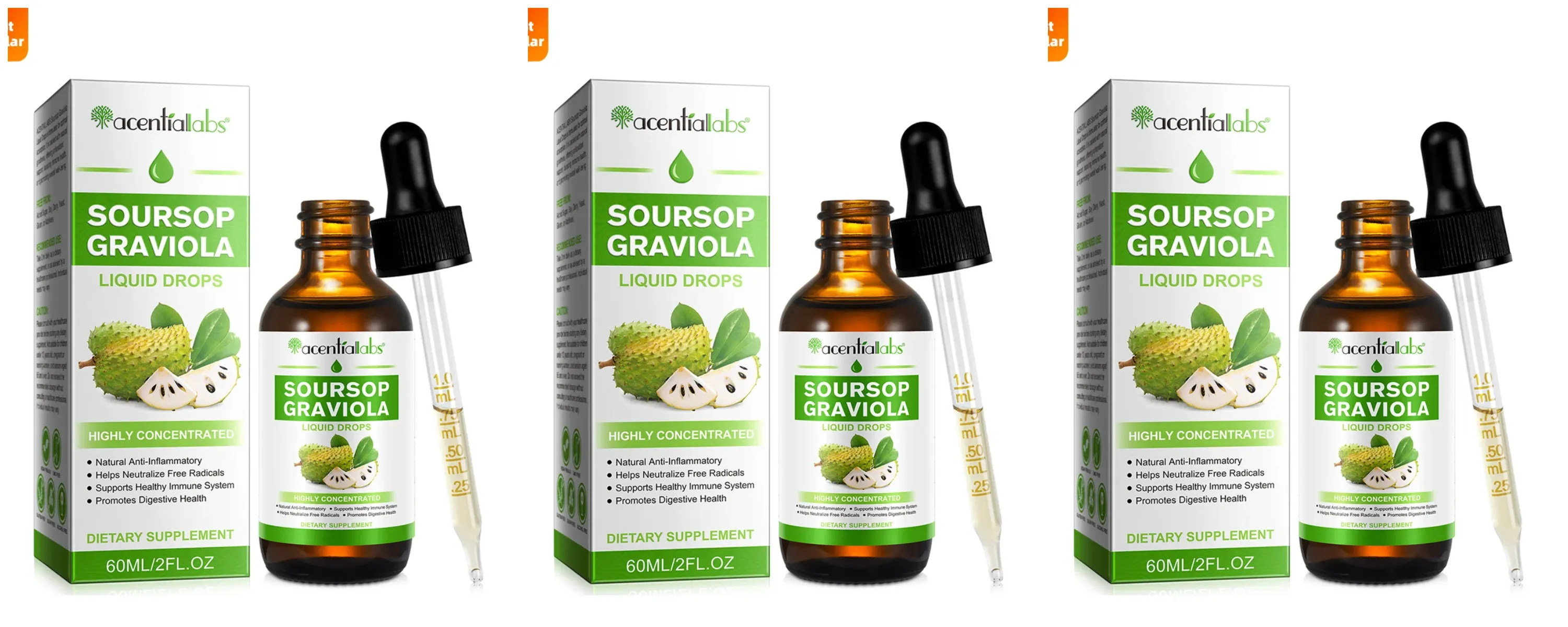 Acentiallabs Hot Sale 60ml Soursop Bitter Liquid Drops Dietary Supplements 100% Pure Organic Soursop Graviola Extract for Adlut