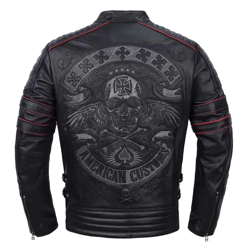 CC Shop.Brand skull cowhide coat.8XL Plus black slim genuine leather jacket,Rider leather cloth.Chaqueta de cuero esqueleto