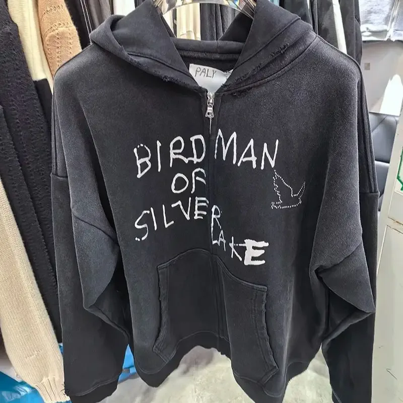 Nouveau surdimensionné PALY sweat à capuche pour homme femme lavé noir endommagé meilleure qualité décontracté Vintage Cardigan Zip sweats — image 37