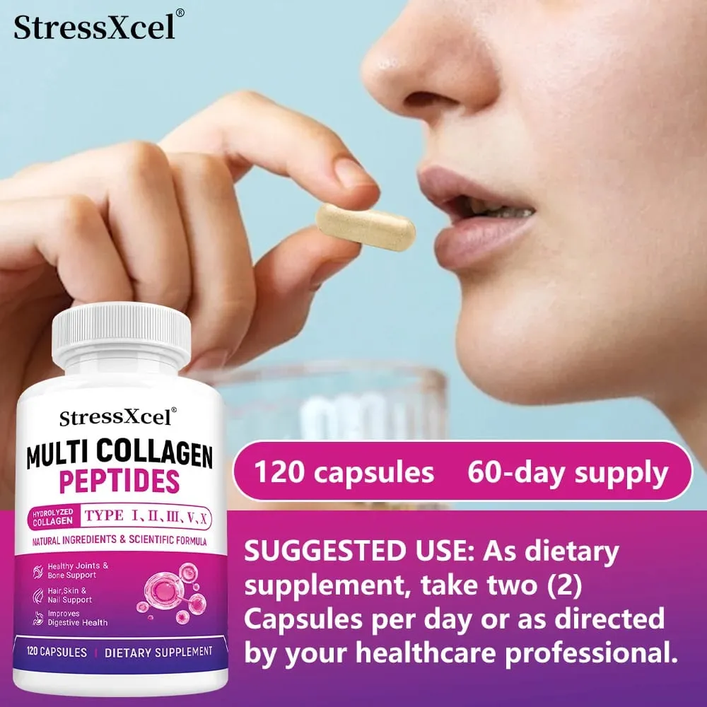 Multi Collagen Peptides Capsules Type I II III V X Biotin Anti-Aging Skin Hair Nails Joints Gut & Immunity Support