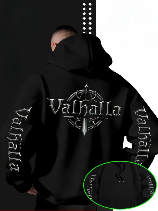 Moletom com capuz estampado com logotipo em forma de espada Viking Valhalla estilo rua para homens, adequado para outono e inverno. — image 4