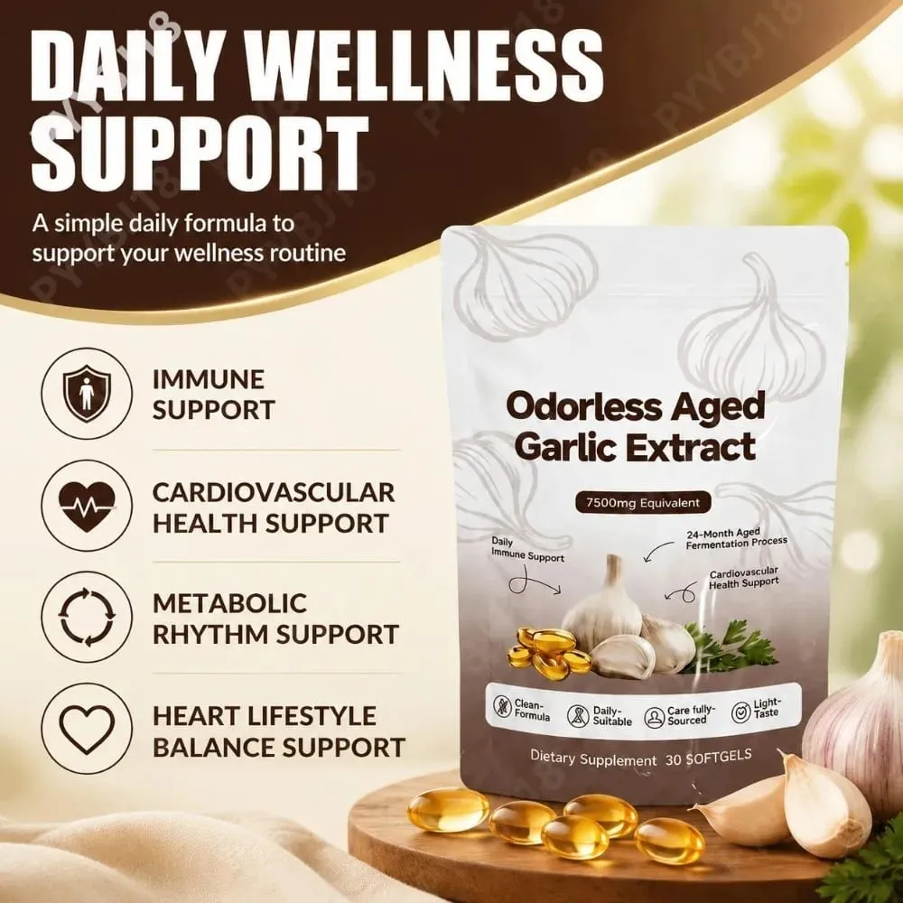 Odorless Aged Garlic Extract Softgels 7500mg 24-Month Fermented herbal Botanical Formula Cardiovascular Immune Support 30 Count — image 2