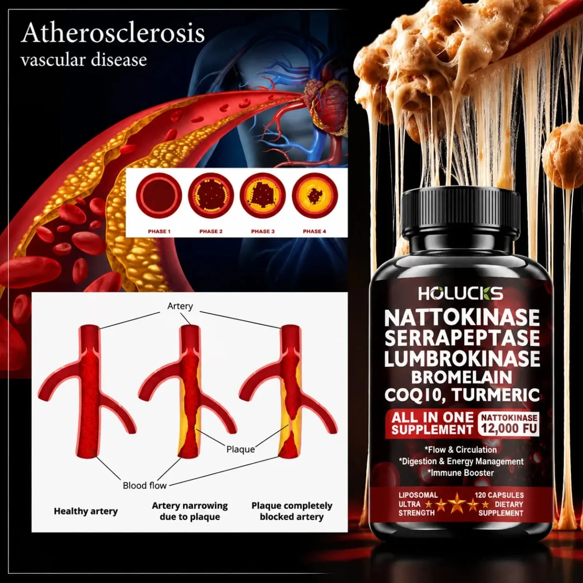 Premium Nattokinase Supplement with Bromelain CoQ10 Turmeric Support Blood Flow Joint Heart Health Antioxidant & Vitality