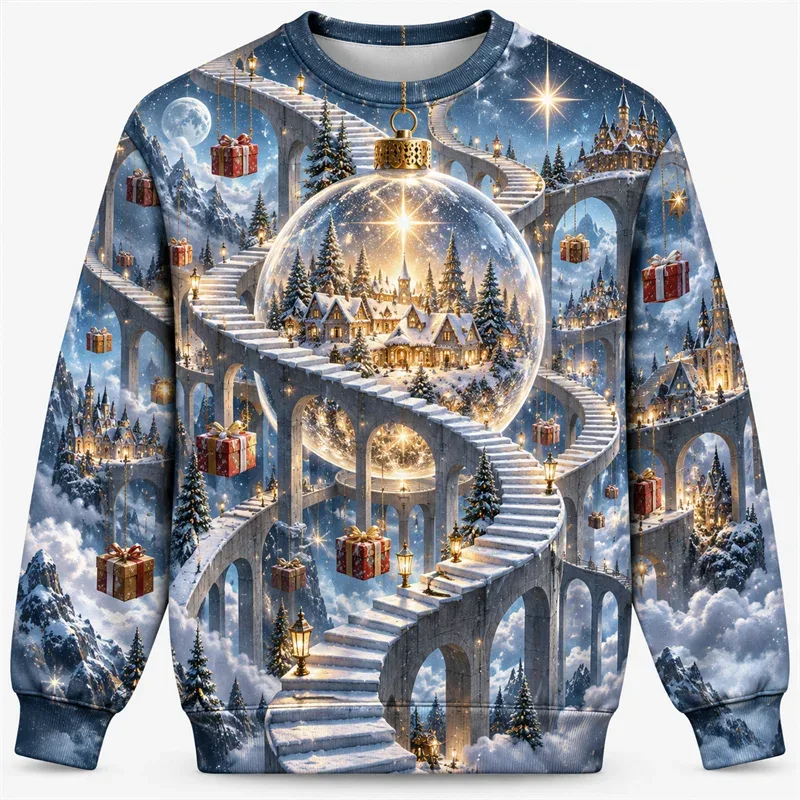 クリスマスファンタジースウェットシャツトレインキャッスルカルーセルエンジェルポーラーベアクルーネッククリスマスプルオーバーホリデーパーティーストリートウェアギフトトップ