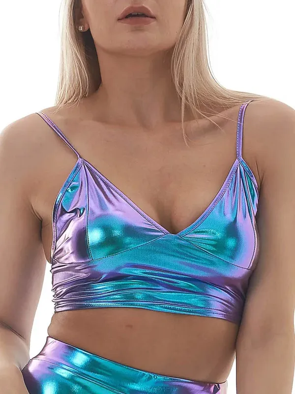 Γυναικείο Holographic V λαιμόκοψη Μεταλλικό φανελάκι Bustier Spaghetti λουράκι Crop στενό αμάνικο φανελάκι Cami — image 11