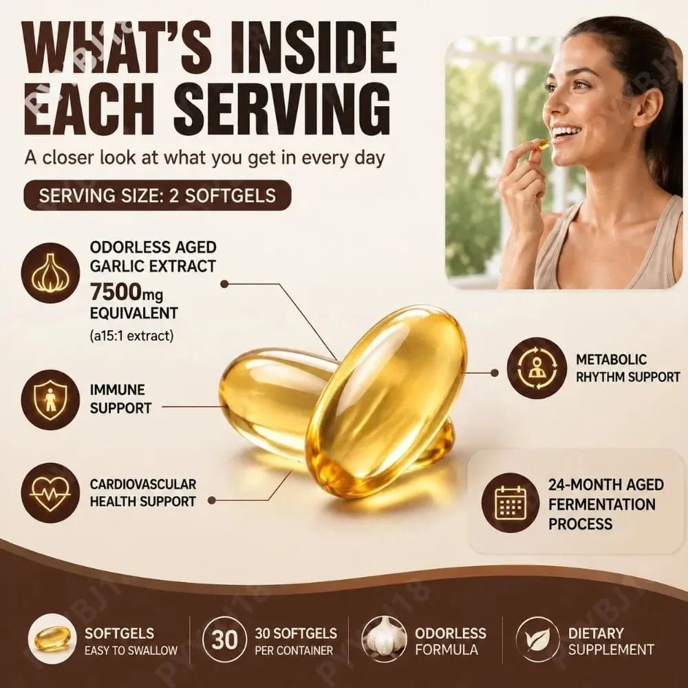 Odorless Aged Garlic Extract Softgels 7500mg 24-Month Fermented herbal Botanical Formula Cardiovascular Immune Support 30 Count — image 6