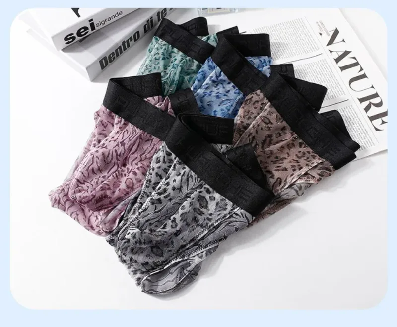 Men's Separate Dual Pouch Briefs Summer Ice Silk Seemless Sheer Panties Breathable Mesh Leopard Print Travel Quick-dry Underwear