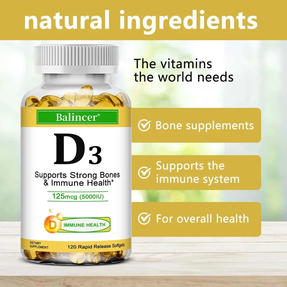 Balincer Vitamin D3 5000 IU (125 Mcg) Dietary Supplement for Bone Teeth Muscle and Immune Health Support 30/60/120 Softgels