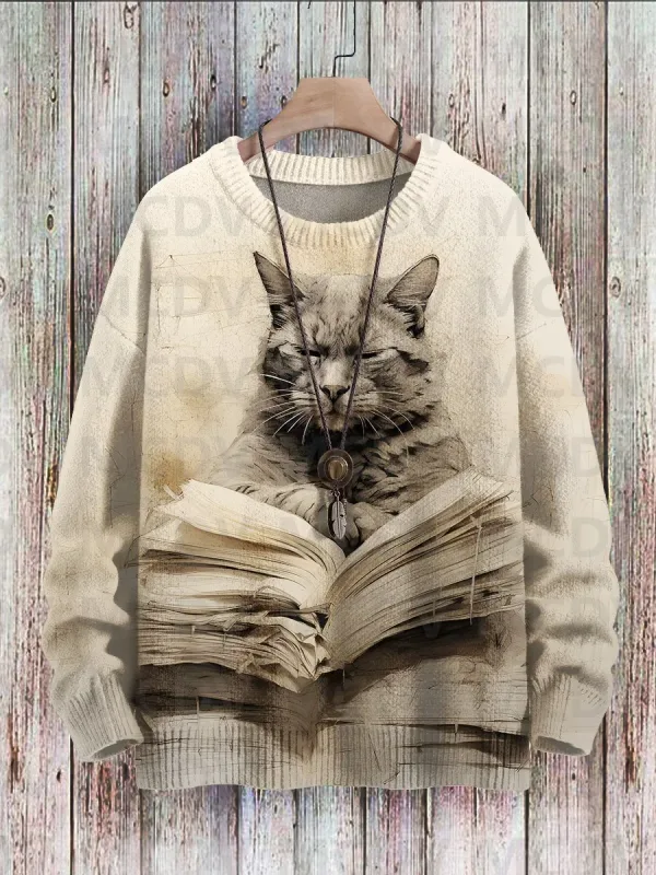 Niedlicher schwarzer Katzen-Blumen-Vögel-Kunstmuster-Druck, lässiger Strickpullover, klassischer Pullover für Herren und Damen